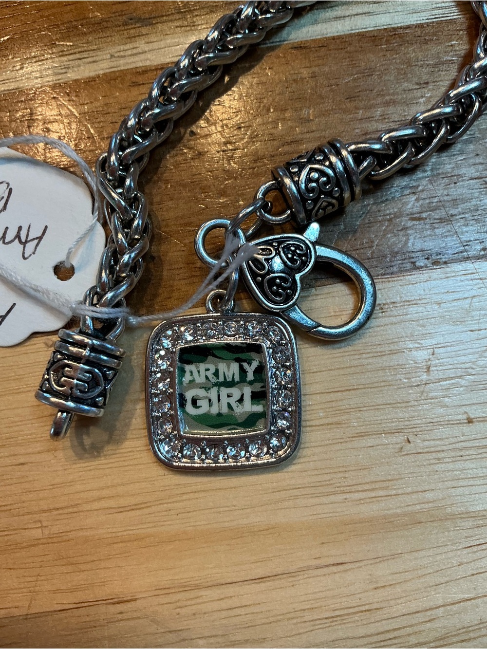 Army Girl Silver-Tone Charm 8” Bracelet with Green Camouflage Accent